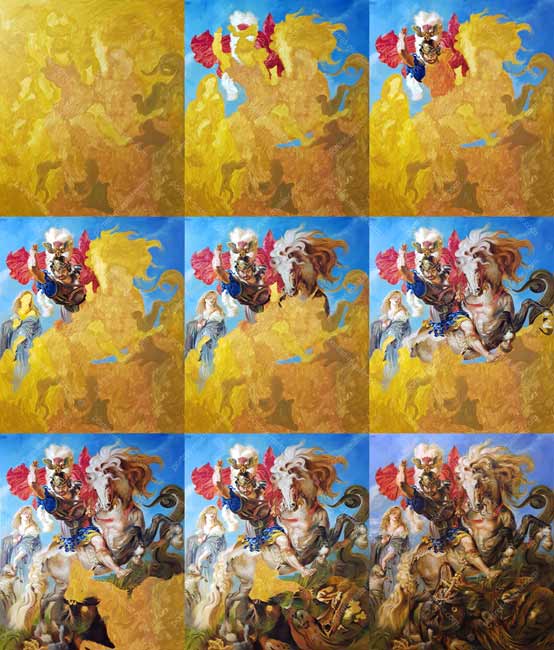 Фотографія робочого процесу над копією картини Бій святого Георгія з драконом