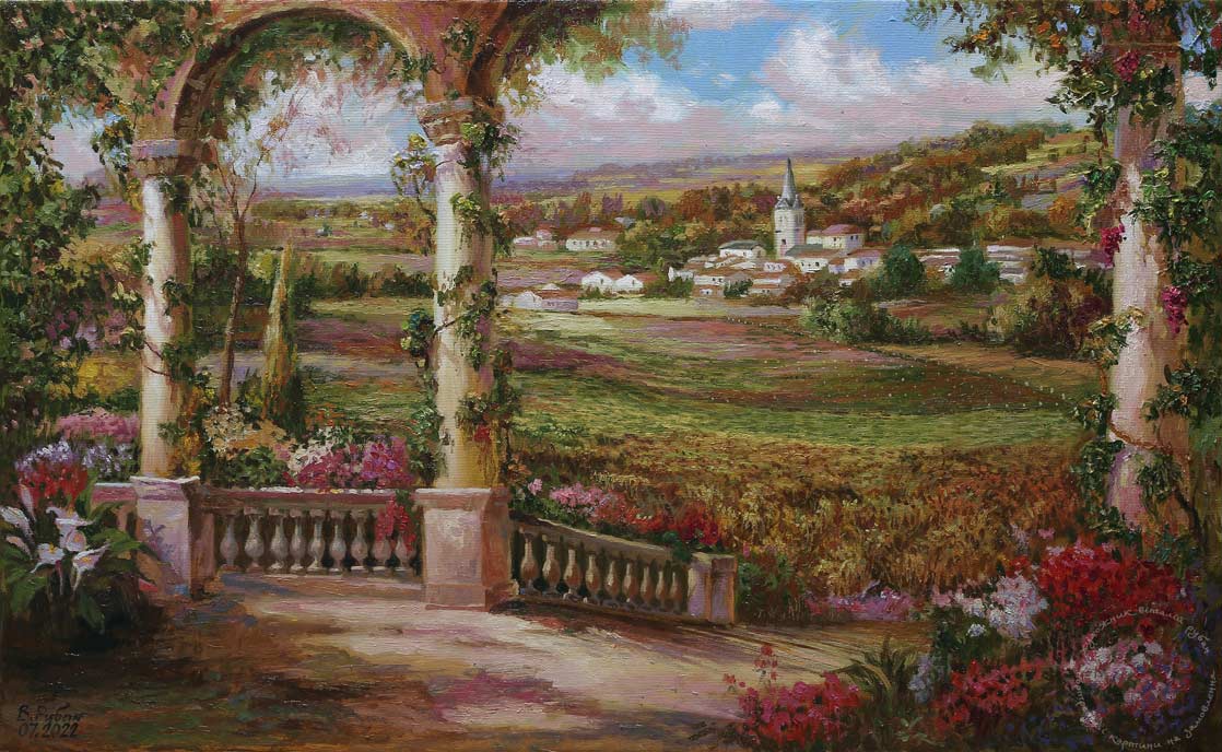 Копія картини на замовлення - вид на італійський пейзаж із заквітчаної лоджії
