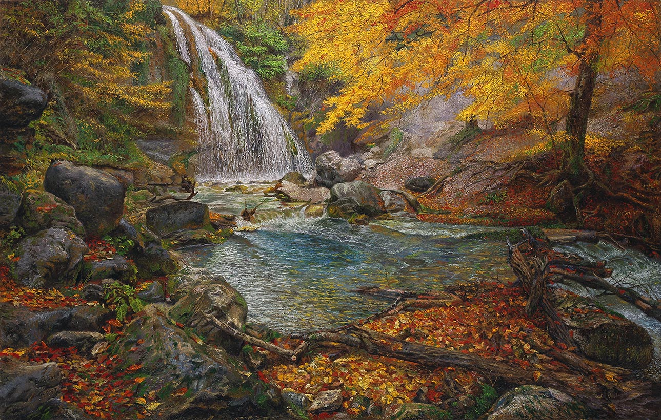 Осенний водопад - пастозная живопись