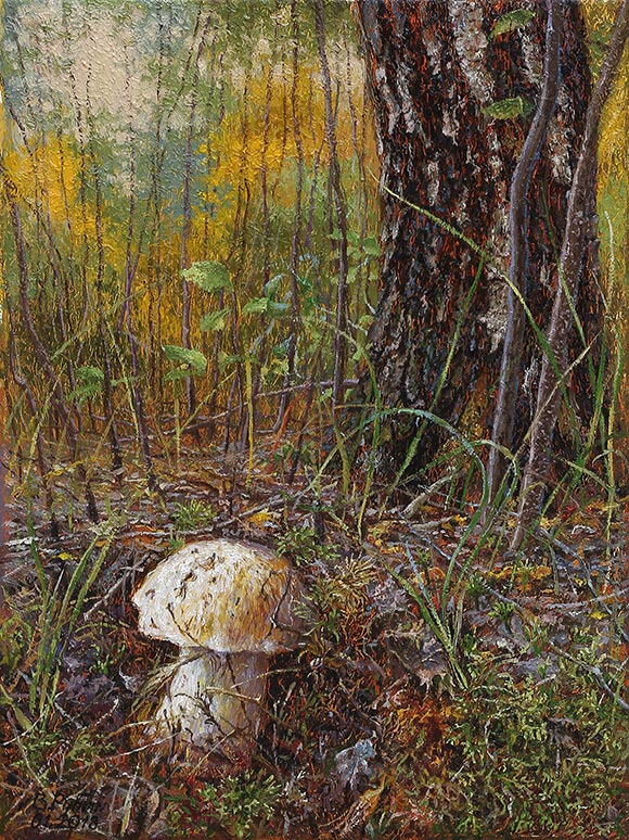Картина с белым грибом на фоне пейзажа - пастозная живопись