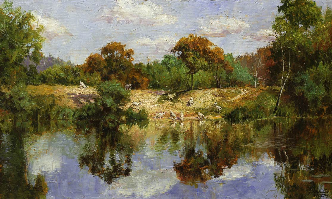 Осенний водопой, пейзаж с козами на реке Ирше - пастозная живопись