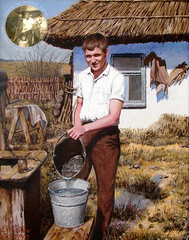 Сергей у колодца - портрет маслом по старой чёрно-белой фотографии