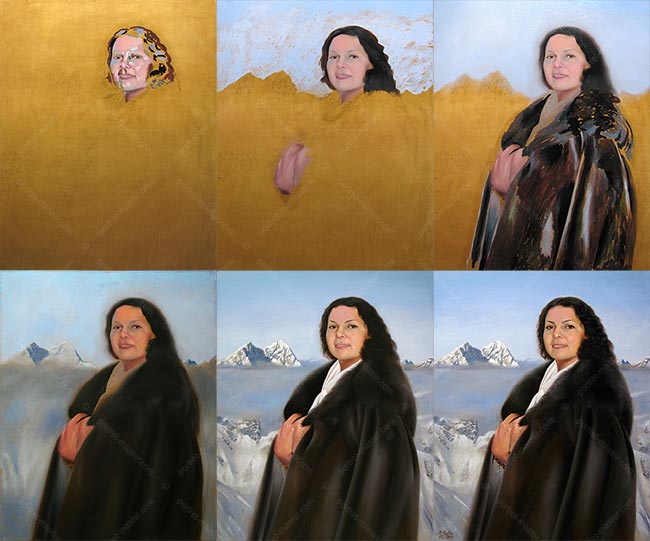 Фотография рабочего процесса над портретом Людмилы на фоне гор