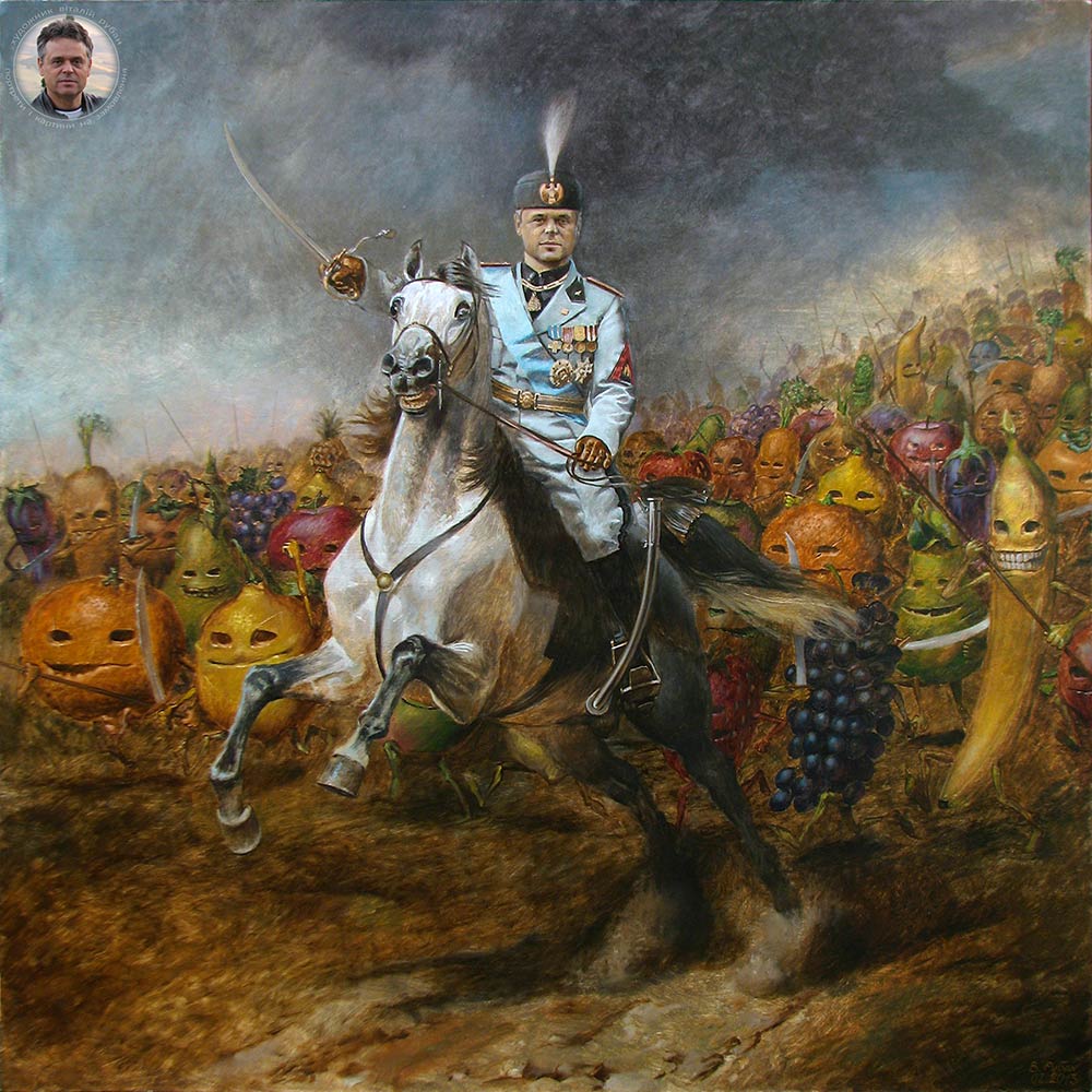Портрет итальянца на коне в образе Муссолини с армией овощей и фруктов - дружеский подарок - портрет с юмором