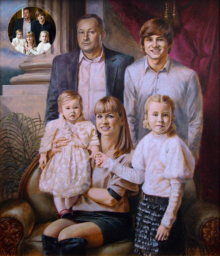 Багатодітний сімейний портрет в класичному інтер'єрі з колоною - подарунок від дружини для чоловіка на день народження