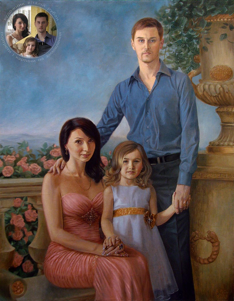 Сімейний портрет олійними фарбами на природі створений по фотосесії художника