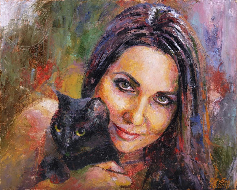 Масляный портрет мастихином, Елизавета с котом - художник Виталий Рубан