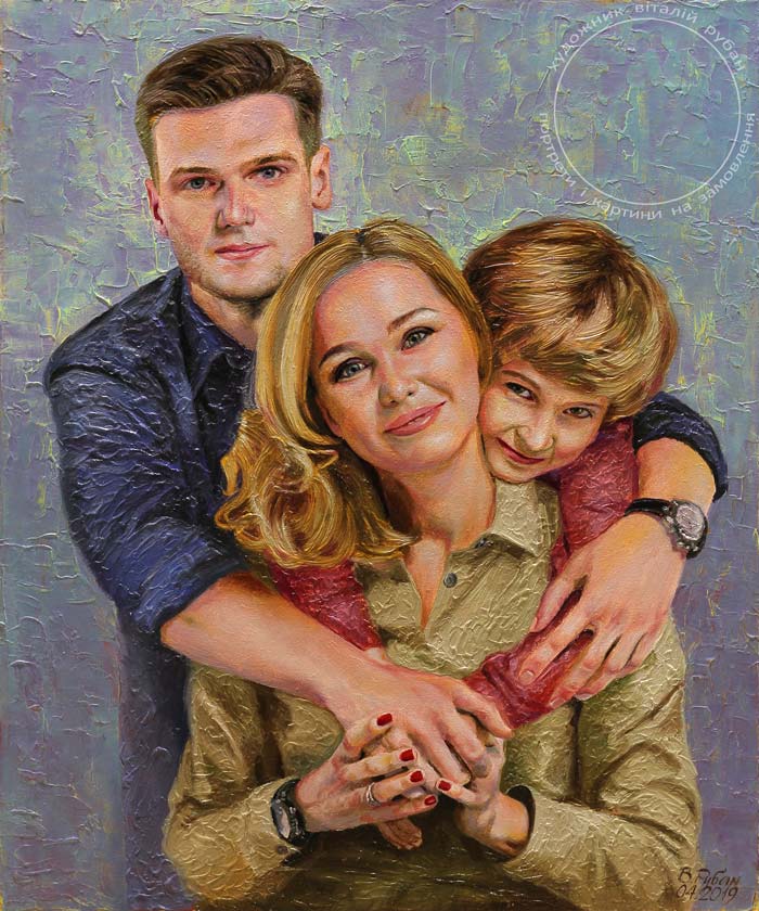 Пастозный портрет мамы с сыновьями с прописью деталей - художник Виталий Рубан
