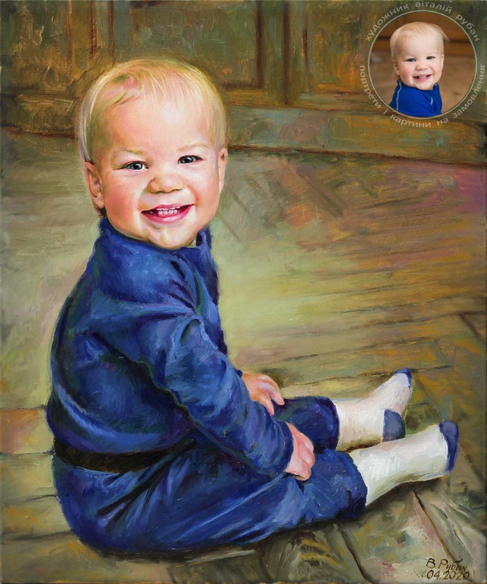 Портрет мальчика маслом сидящим на полу - детский портрет - художник Виталий Рубан