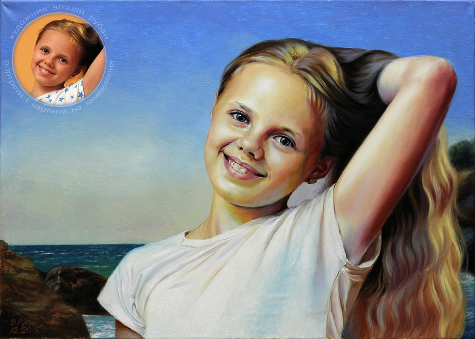 Портрет дівчинки з довгим волоссям на морі