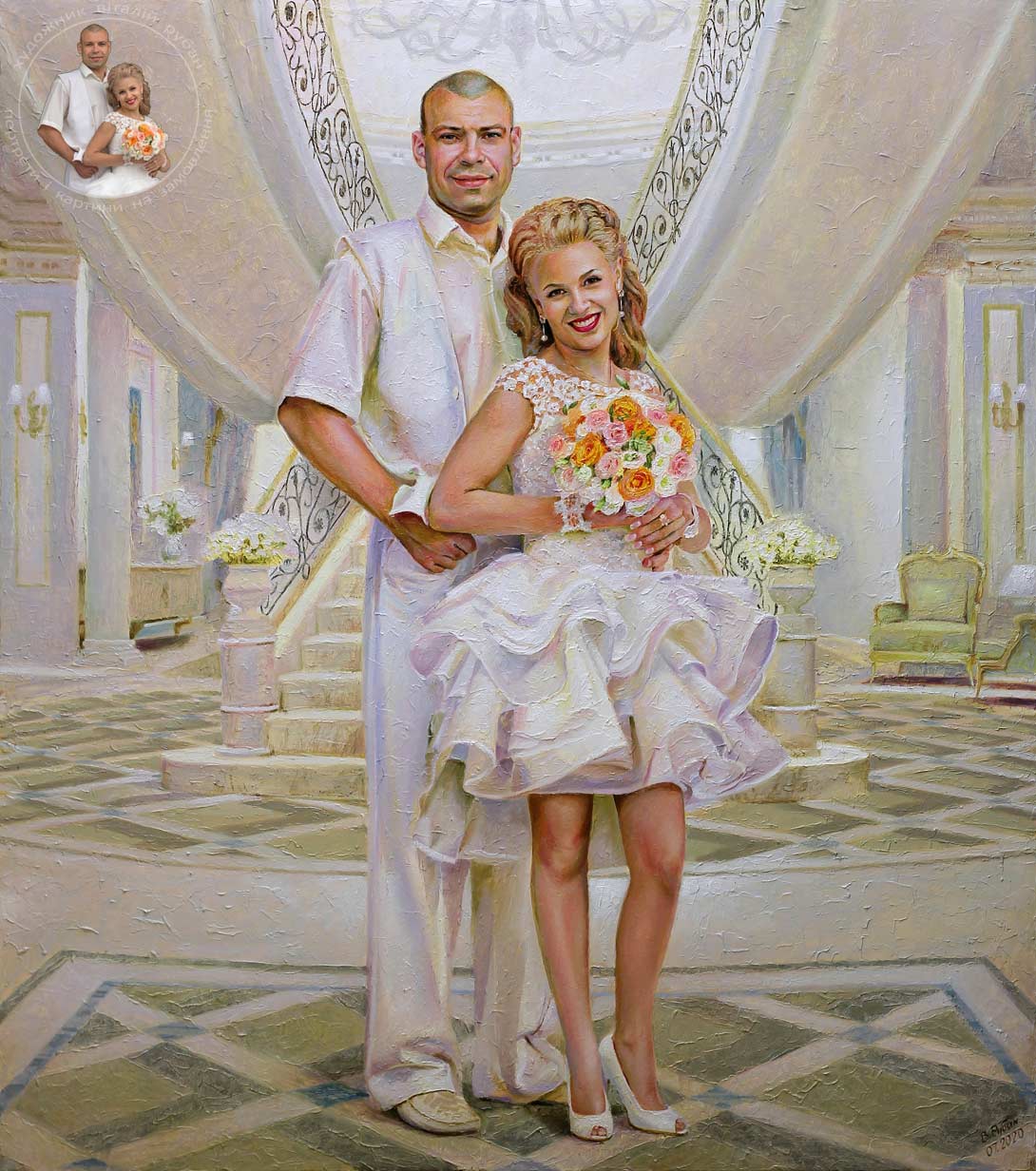 Весільний пастозний парний портрет олією в інтер'єрі