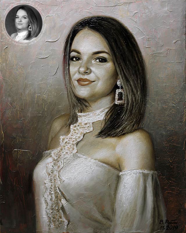 Чорно-білий пастозний з прописом деталей портрет дівчини на полотні олією
