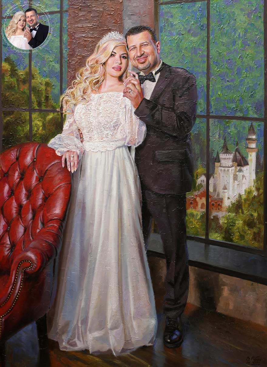 Свадебный пастозный портрет на фоне Нойшванштайна