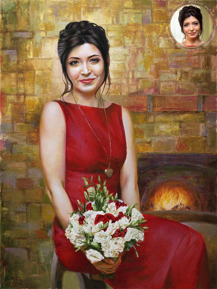 Женский портрет маслом в красном платье с цветами на фоне камина