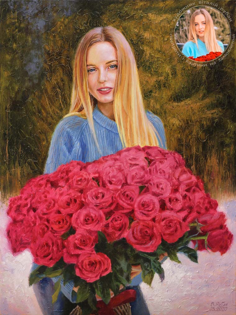Жіночий пастозний портрет - портрет дівчини з величезним букетом троянд