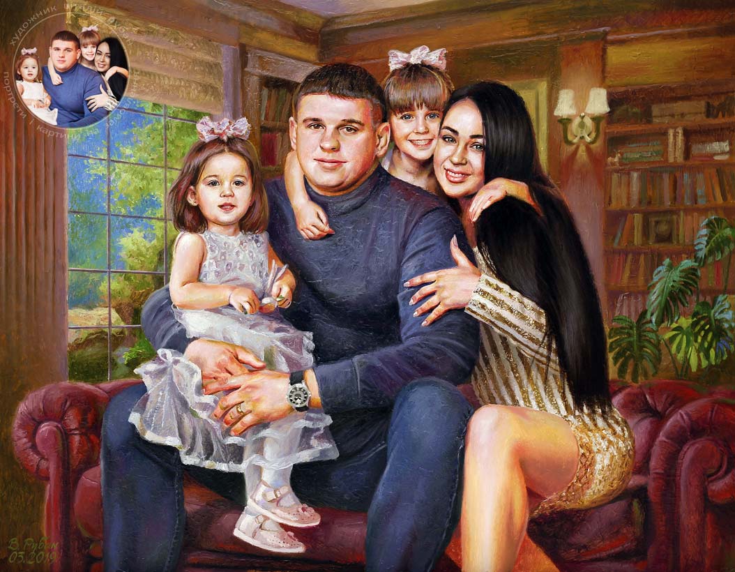 Сімейний портрет олійними фарбами на замовлення по професійній фотосесії