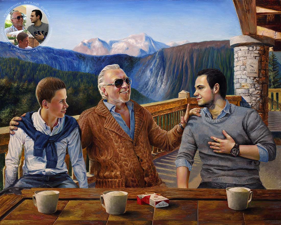 Портрет батька з синами в альпійському кафе